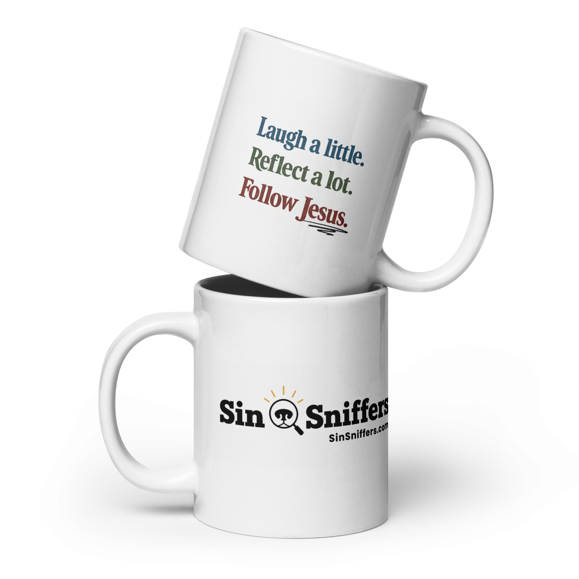 White Glossy Mug - Laugh. Reflect. Follow.