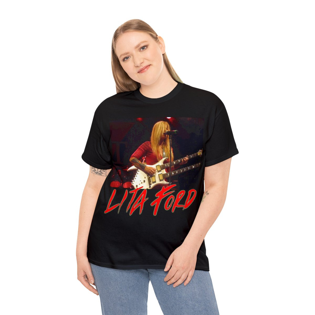 LITA FORD with a BC Rich Bich Doubleneck Guitar unisex Short Sleeve Tee