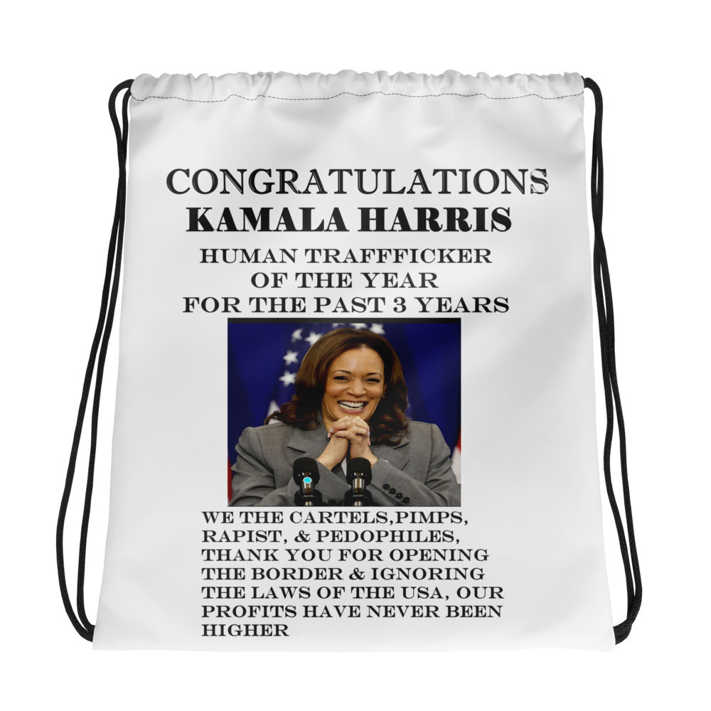 kamala harris trafficker of the yr Drawstring bag