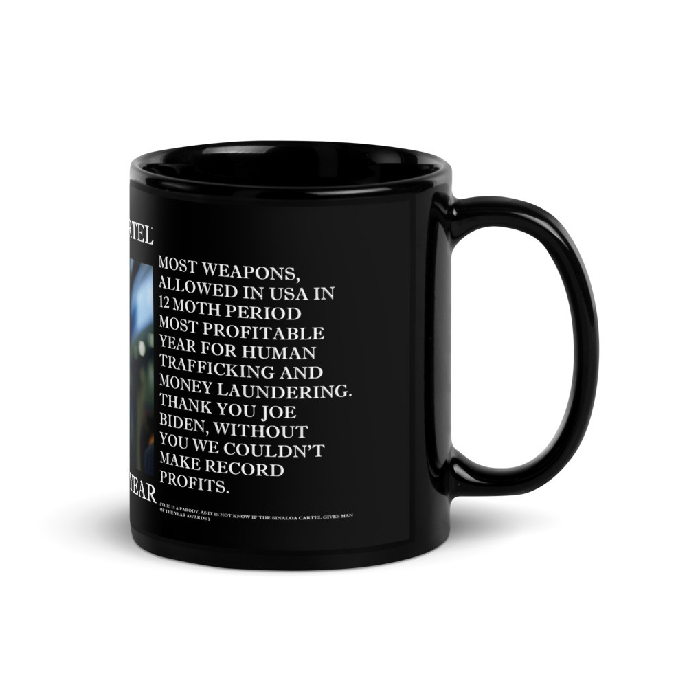 Biden man of the yr cartel(white print)Black Glossy Mug