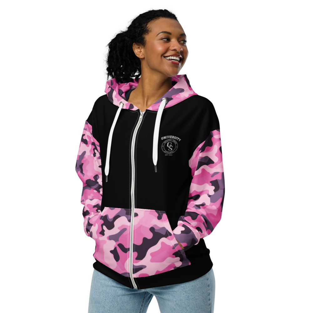 She Is Clothed in Strength and Dignity – Pink Camo Christian Zip Hoodie