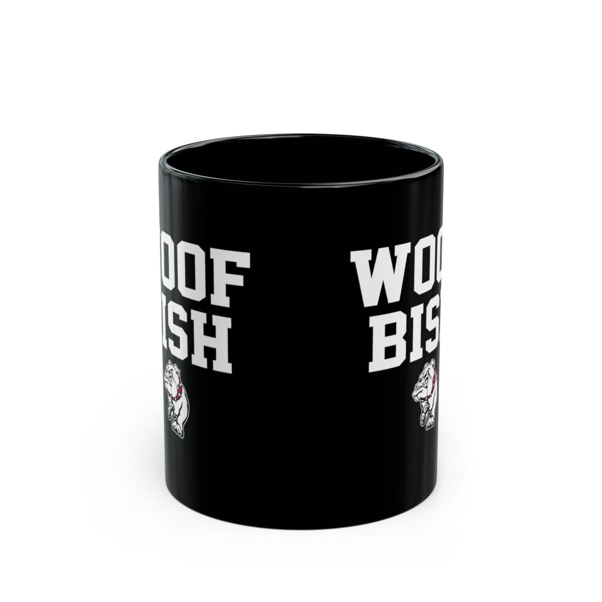 Woof Bish 11 oz Black Mug | White Red Black Print | 11oz Black Mug