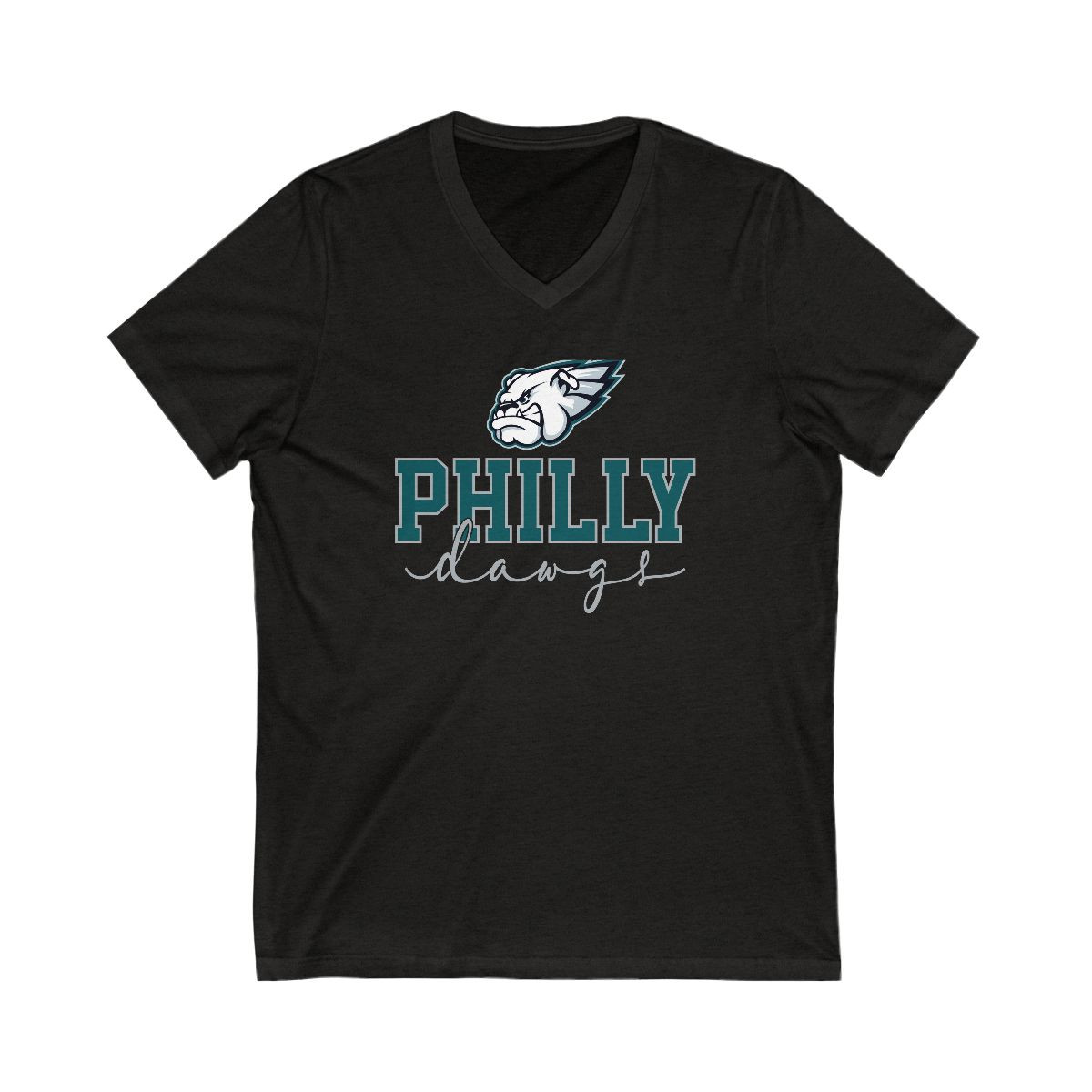 Philly Dawgs V-Neck T-Shirt | Dk Green Gray White Print | Unisex Short Sleeve V-Neck Tee