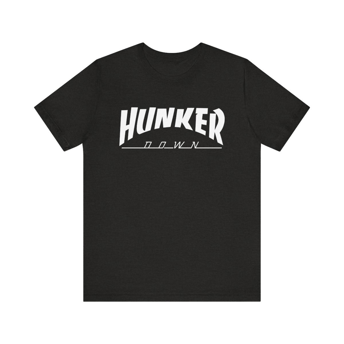 Hunker Down Thrasher T-Shirt | White Print | Unisex Short Sleeve Tee