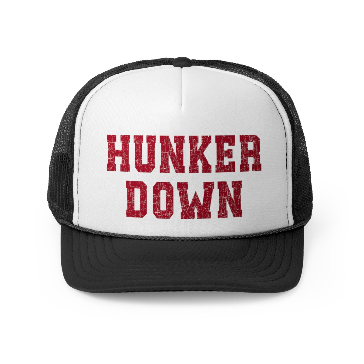 Hunker Down Trucker Hat | Distressed Red Print | Trucker Caps