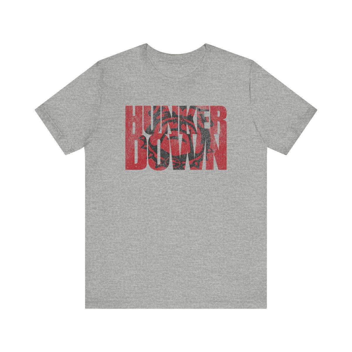 Hunker Down T-Shirt | Distressed Red Black Print | Unisex Short Sleeve Tee