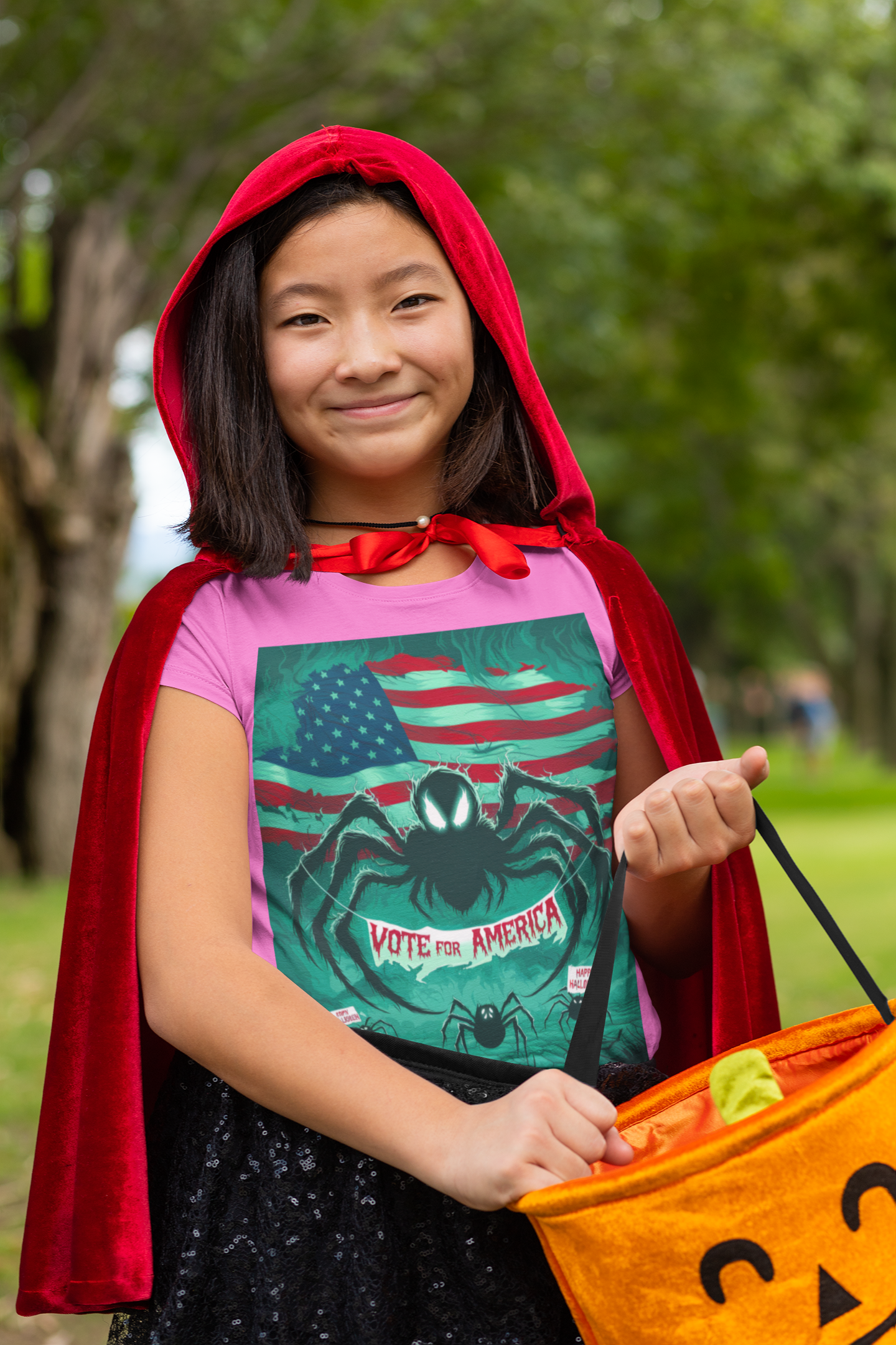 6. Web of Shadows: Spooky Spider Election - Halloween Kids Tee"  Description: