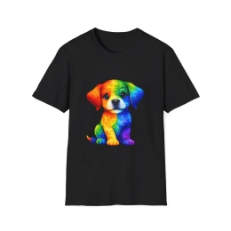 Rainbow Puppy Illustration T-Shirt | Autism Impact Infinity Logo on Back