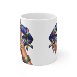 Autism Awareness Lips Mug | Puzzle Ribbon Design, Shh Hand with Message