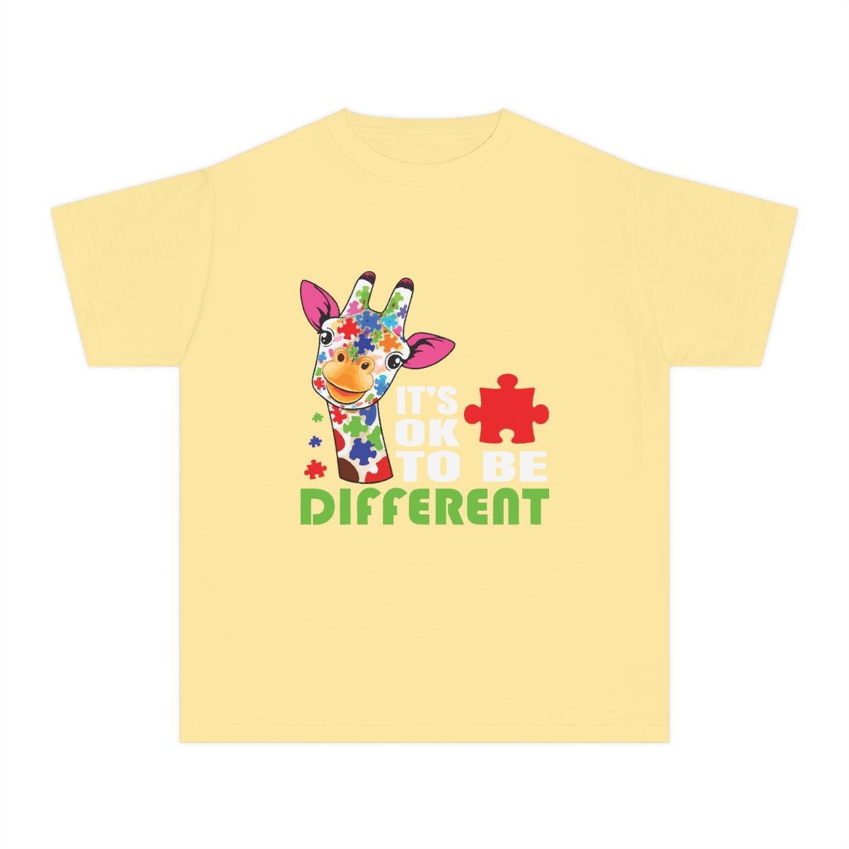 Colorful Puzzle Giraffe It's OK to Be Different Youth Tee | Autism Awareness