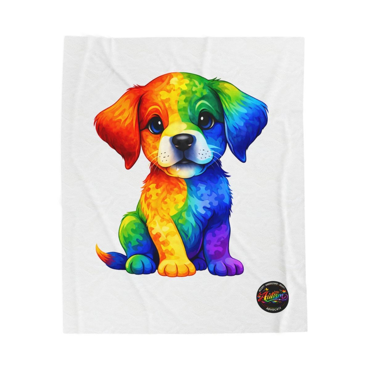 Rainbow Puppy Illustration Velveteen Plush Blanket | Colorful Dog Throw