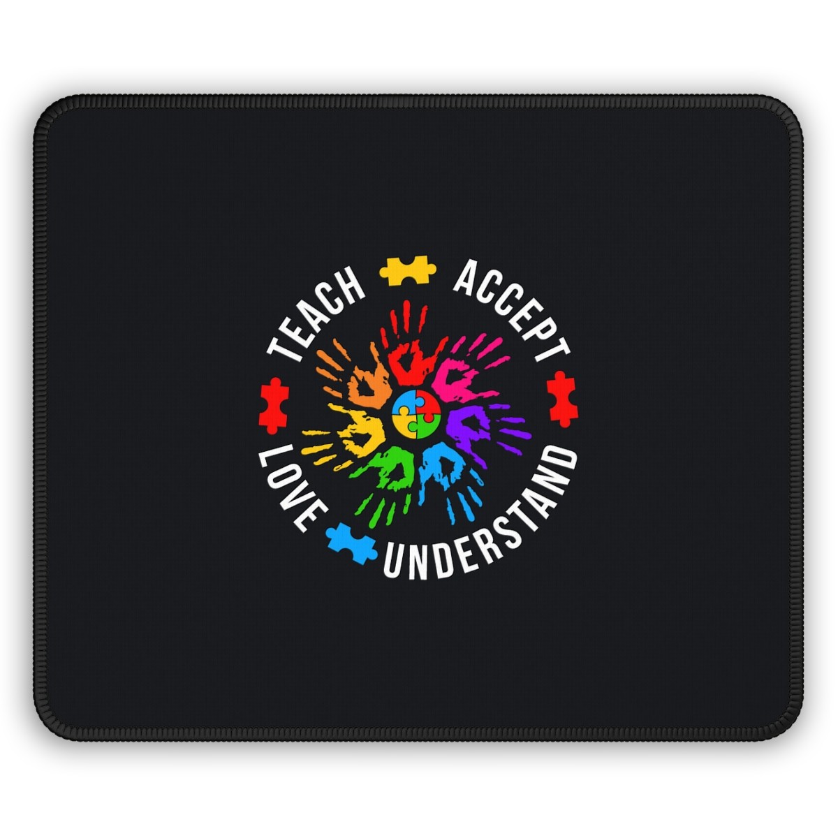 Teach Accept Love Understand Gaming Mouse Pad | Rainbow Puzzle Hands Autism Awareness