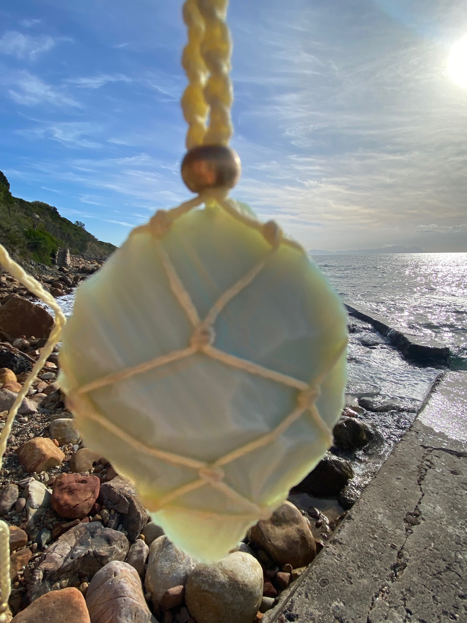 Buddha Pearlescent Blue Golden Light Gratitude Andara Macrame Pendant