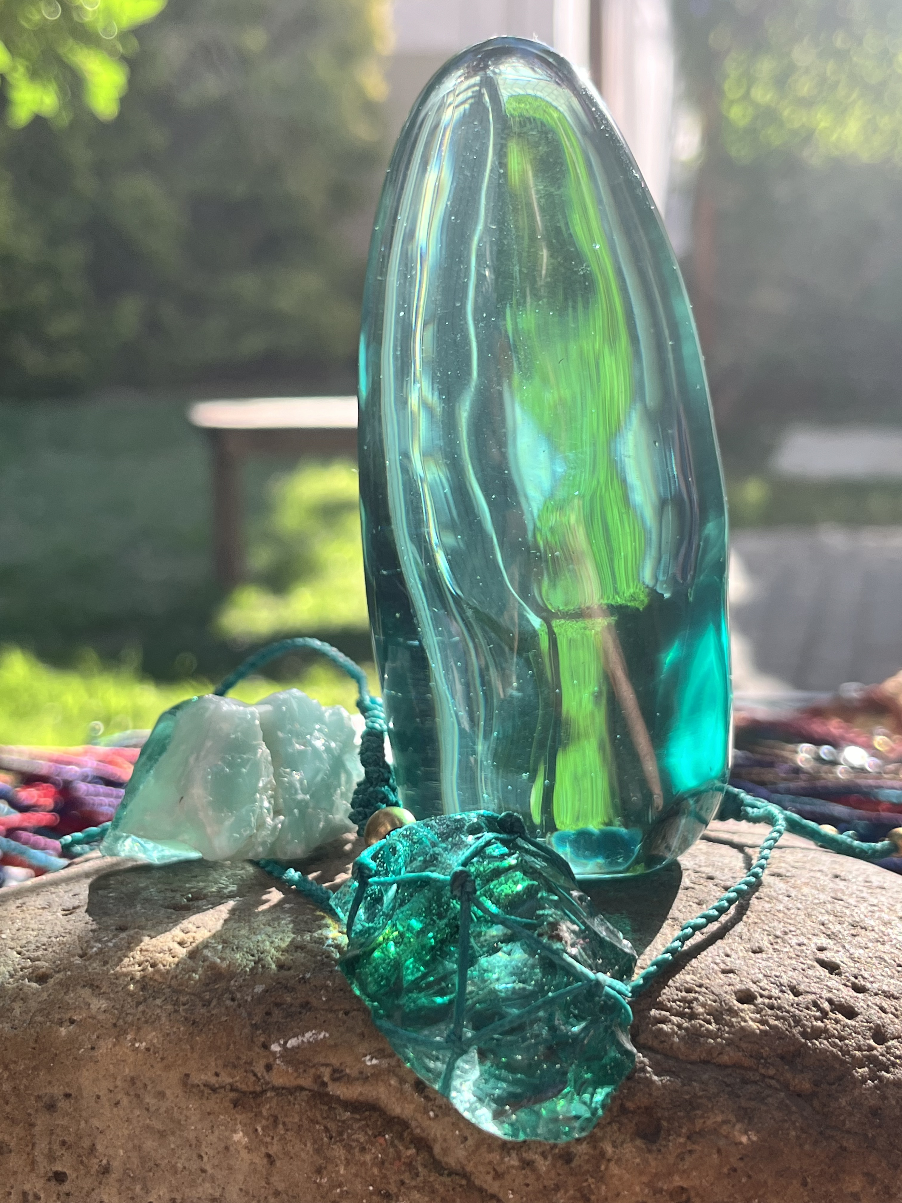 Masculine Feminine Rebalance Light Teal Polished Stone (370g) plus Blue Green Macrame Pendant