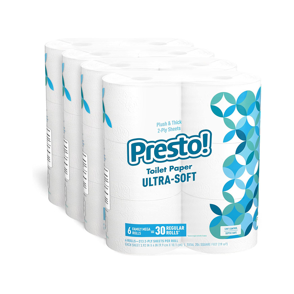 Amazon Brand - Presto! 2-Ply Toilet Paper, Ultra-Soft, Unscented, 24 Rolls (4 Packs of 6), Equivalent to 120 regular rolls