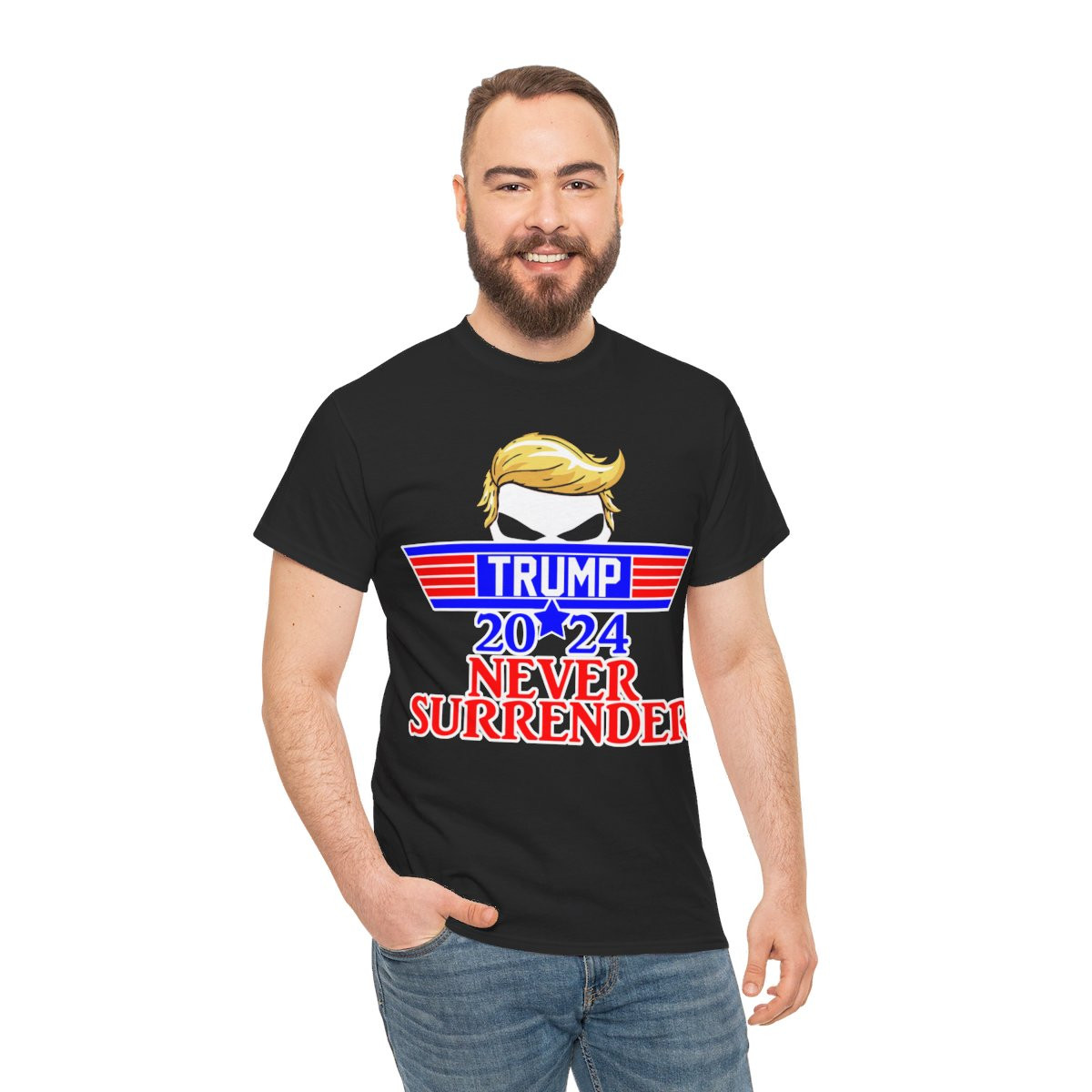 Trump 2024 Skull Wings Never Surrender Unisex Heavy Cotton Tee