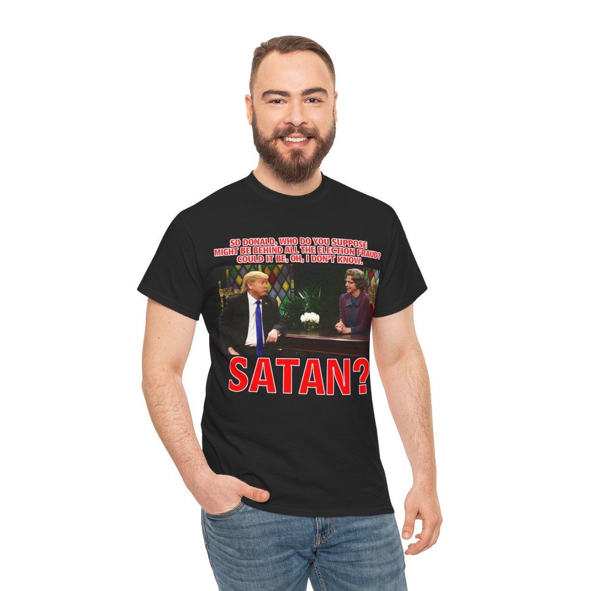 Trump on SNL Church Chat who IS behind election frauds? unisex Short Sleeve Tee