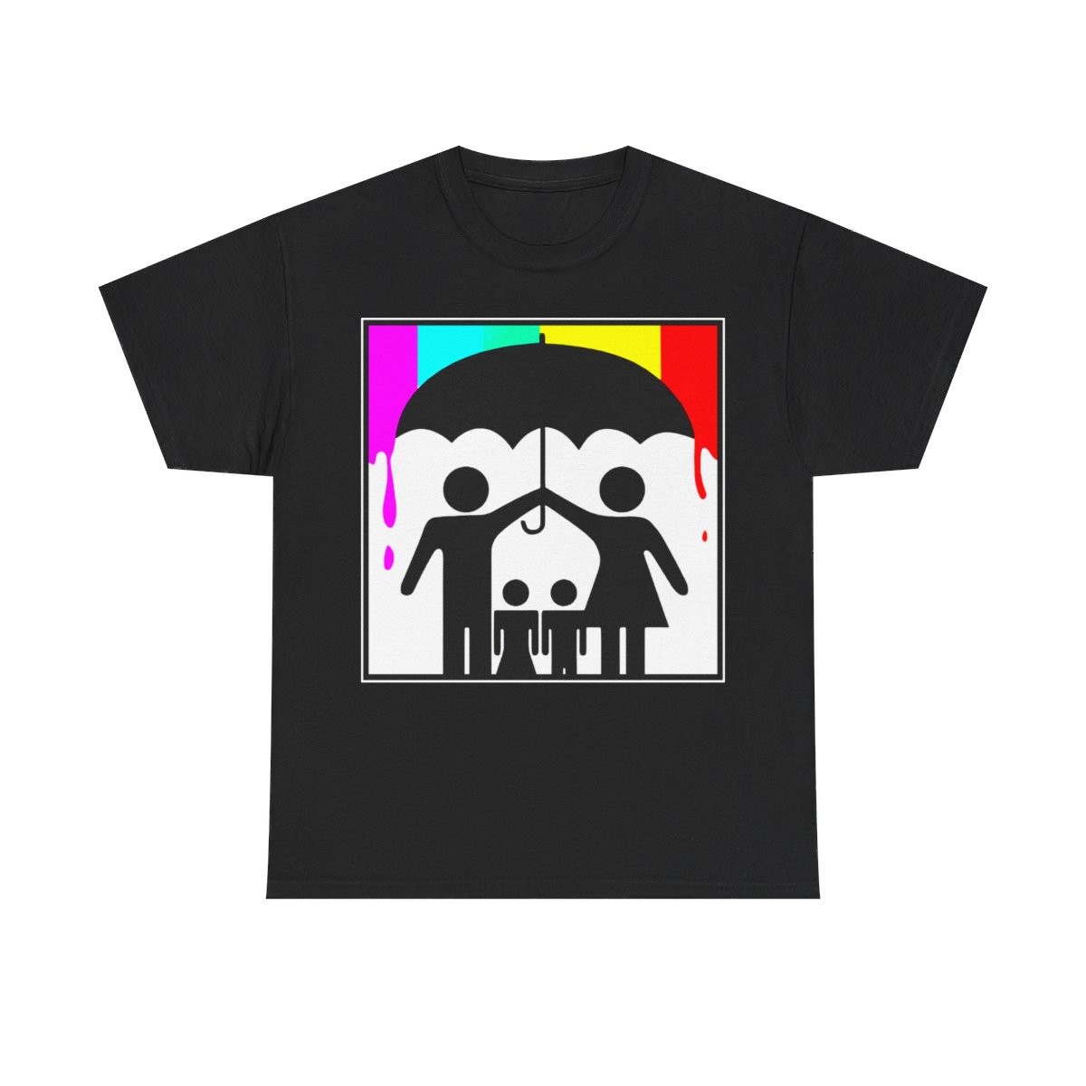 Protecting children with an umbrella from raining rainbows Short Sleeve Tee