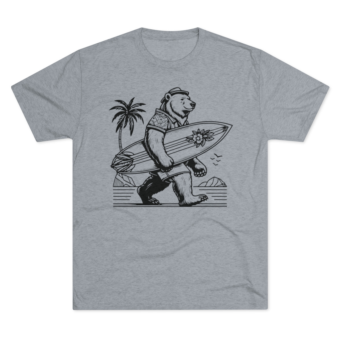 Surfboard Bear T-Shirt | Black Print | Unisex Tri-Blend Crew Tee