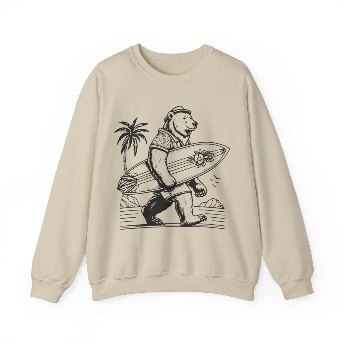 Surfboard Bear Sweatshirt | Black Print | Unisex Heavy Blend Crewneck Sweatshirt