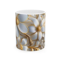 Elegant Flower Design Mug, Artistic Floral Mug, 11oz 15 oz white unique gift elegant tea mug gift for her tea lover gift flower lover