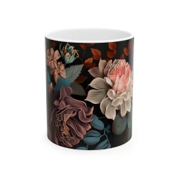 Elegant Flower Design Mug, Artistic Floral Mug, 11oz 15 oz white coffee mug elegant mug unique mug gift floral mug tea mug floral decor