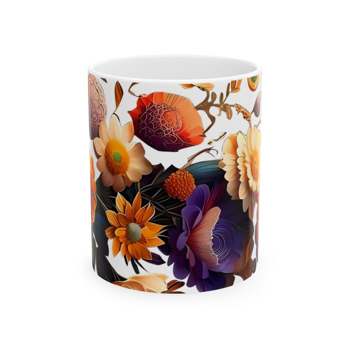 Elegant Flower Design Mug, Artistic Floral Mug, 11oz 15 oz white gift for her flower design floral mug flower coffee mug decorative mug
