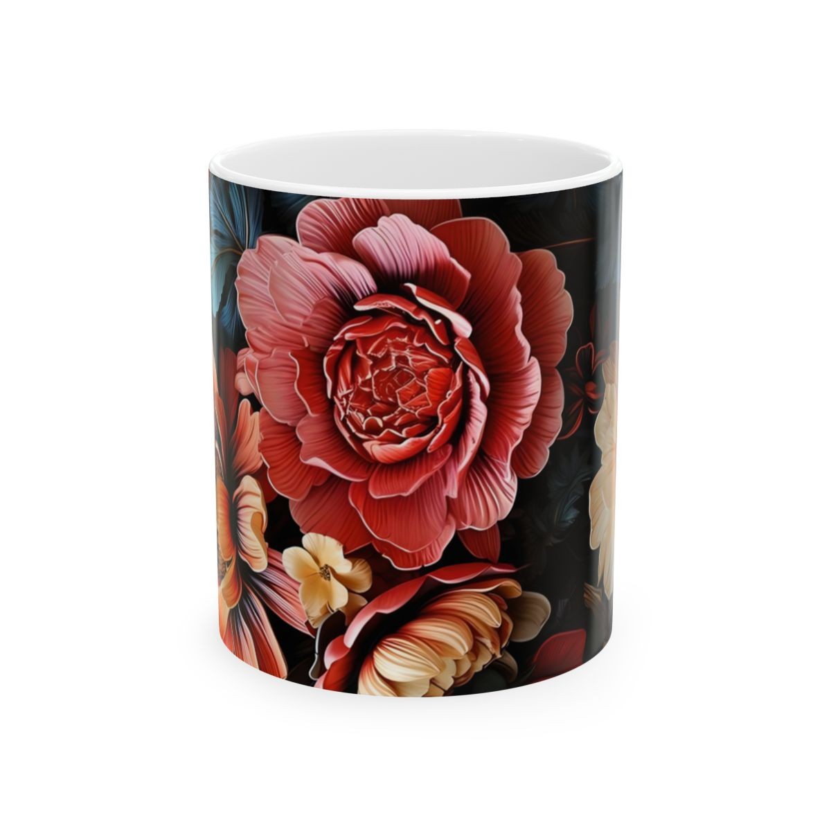 Elegant Flower Design Mug, Artistic Floral Mug, 11oz 15 oz white flower lover elegant mug gift for her artistic mug blue flowers