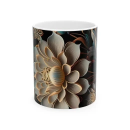 Elegant Flower Design Mug, Artistic Floral Mug, 11oz 15 oz white unique mug gift flower design decorative mug tea lover gift blue flowers