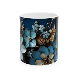 Elegant Flower Design Mug, Artistic Floral Mug, 11oz 15 oz white blue flowers flower design floral mug floral art gift for her coffee mug