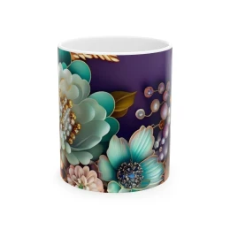 Elegant Flower Design Mug, Artistic Floral Mug, 11oz 15 oz white tea mug unique mug gift coffee mug flower lover decorative mug