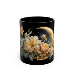 Floral Moon Mug gift for her floral art gift for him moon mug golden flowers floral mug unique mug flower lover gift astrology gift