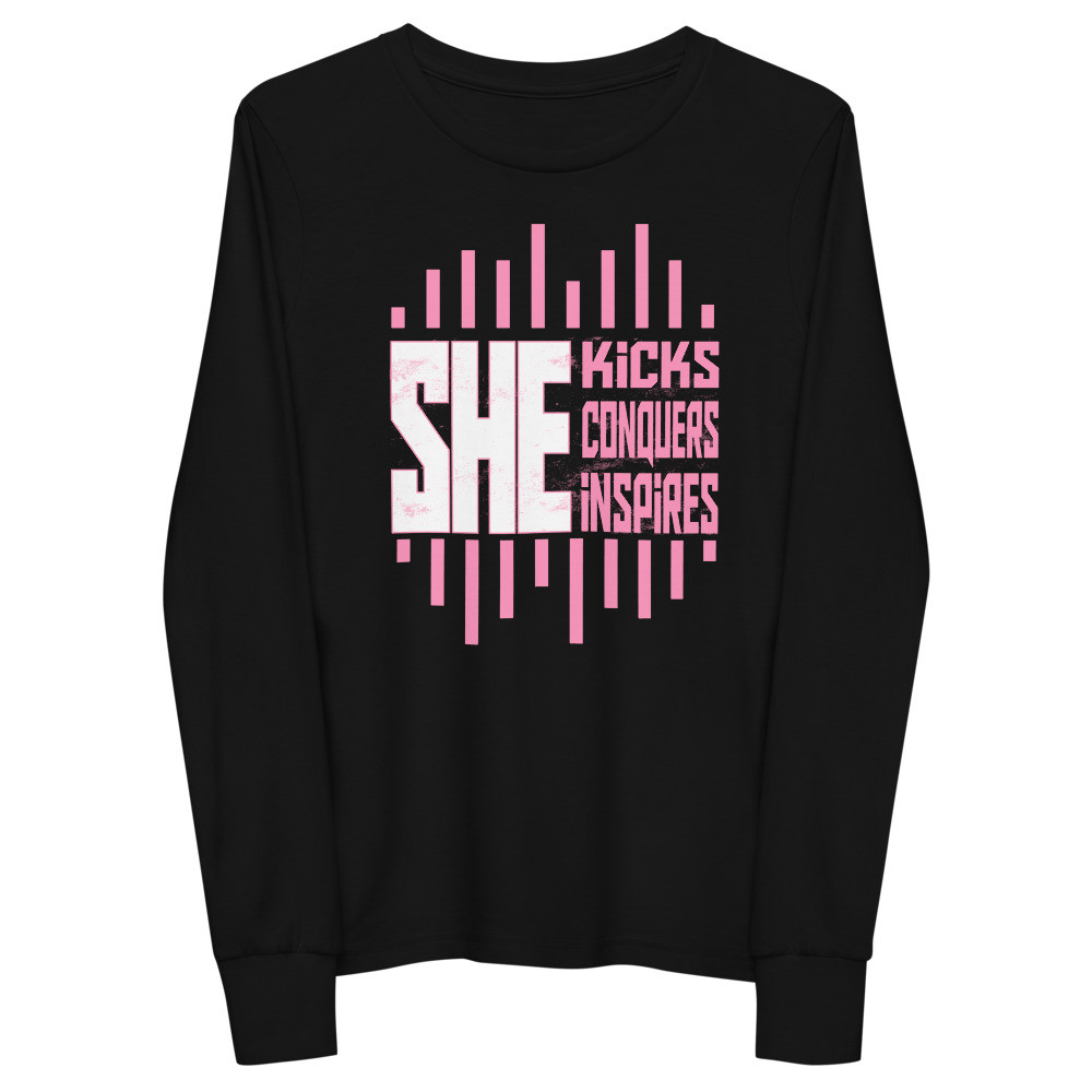 She Kicks, Conquers, Inspires - Youth Long Sleeve Tee