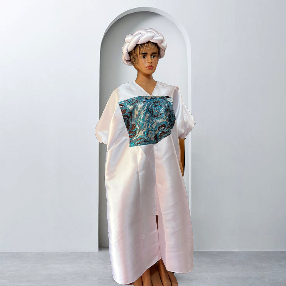 Pearl Elegance Satin Kaftan with Scarf