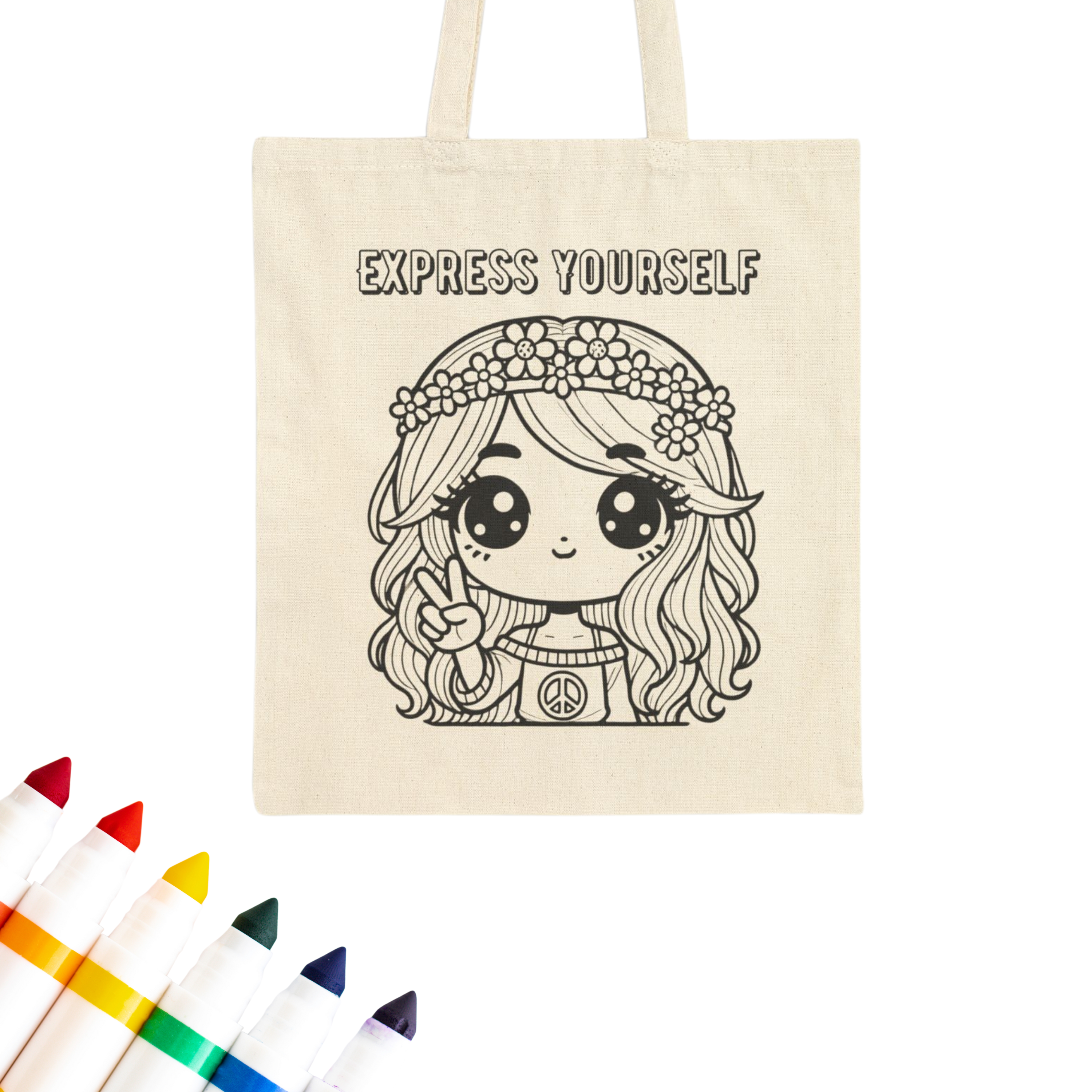 Colorable™ Express Yourself Hippie Girl Coloring Tote Bag