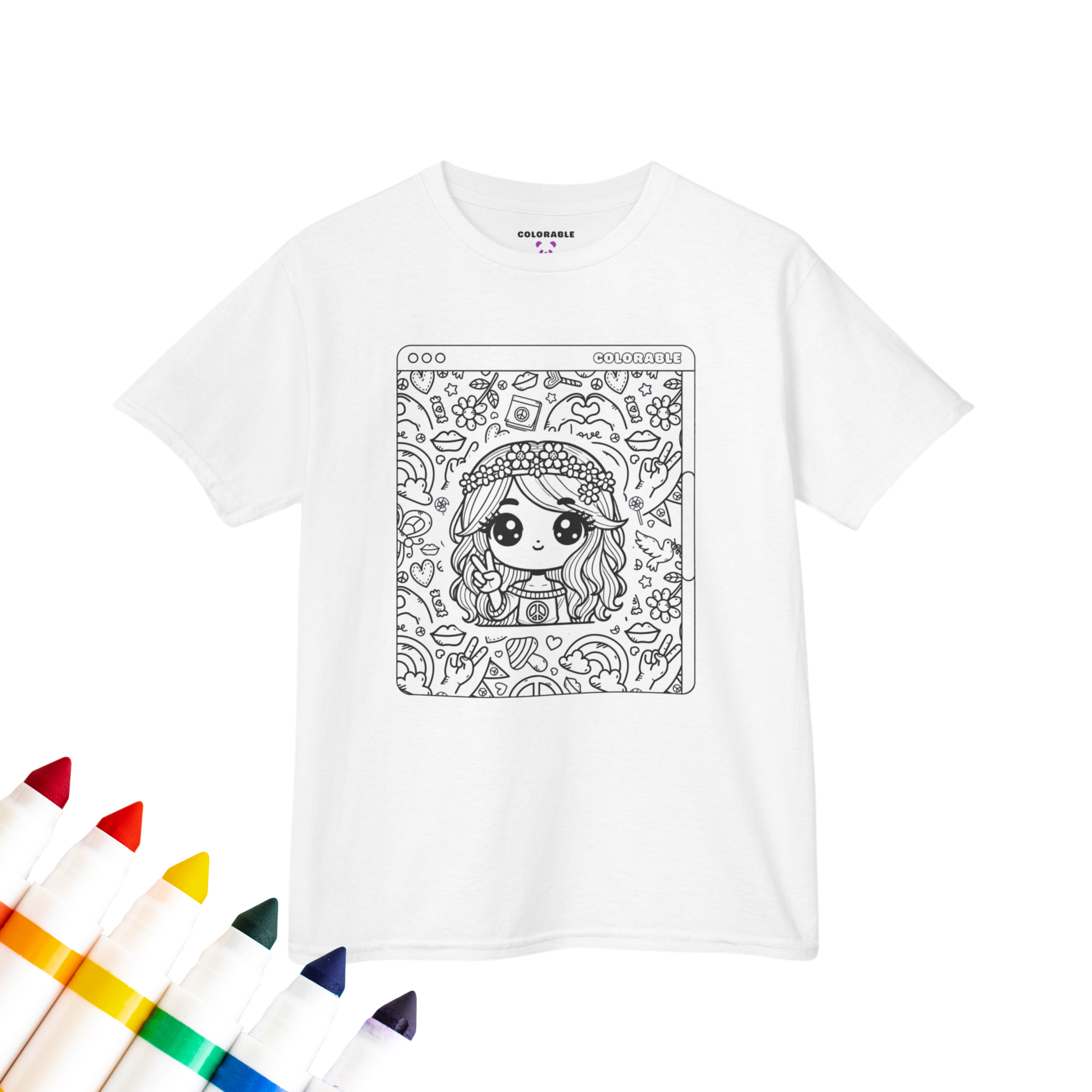 Colorable™ Hippie Peace Girl Kids Coloring Shirt – 100% Cotton DIY Tee