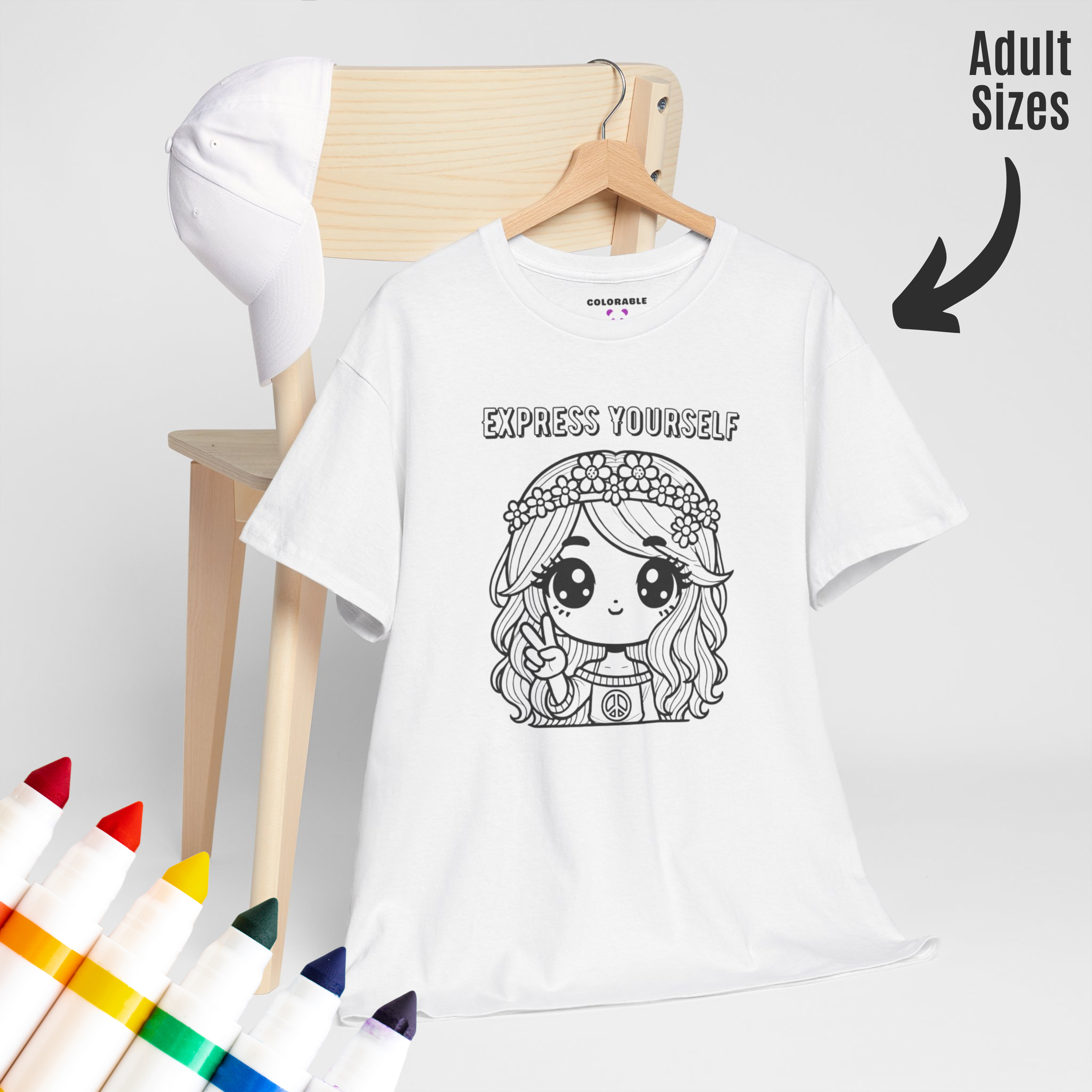 Colorable™ ADULT Express Yourself Hippie Girl Coloring T-Shirt