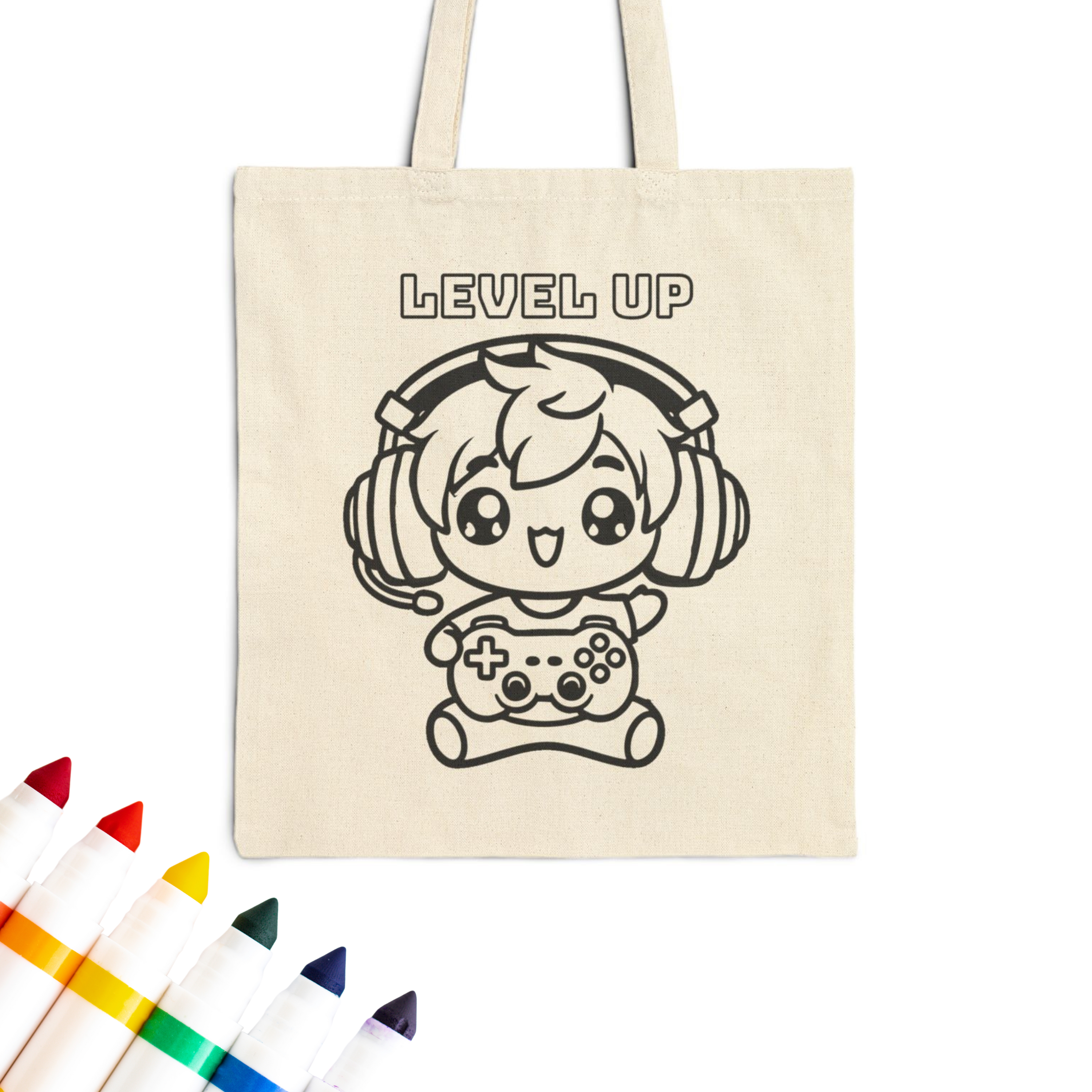 Colorable™ Level Up Gamer Doodle Coloring Tote Bag