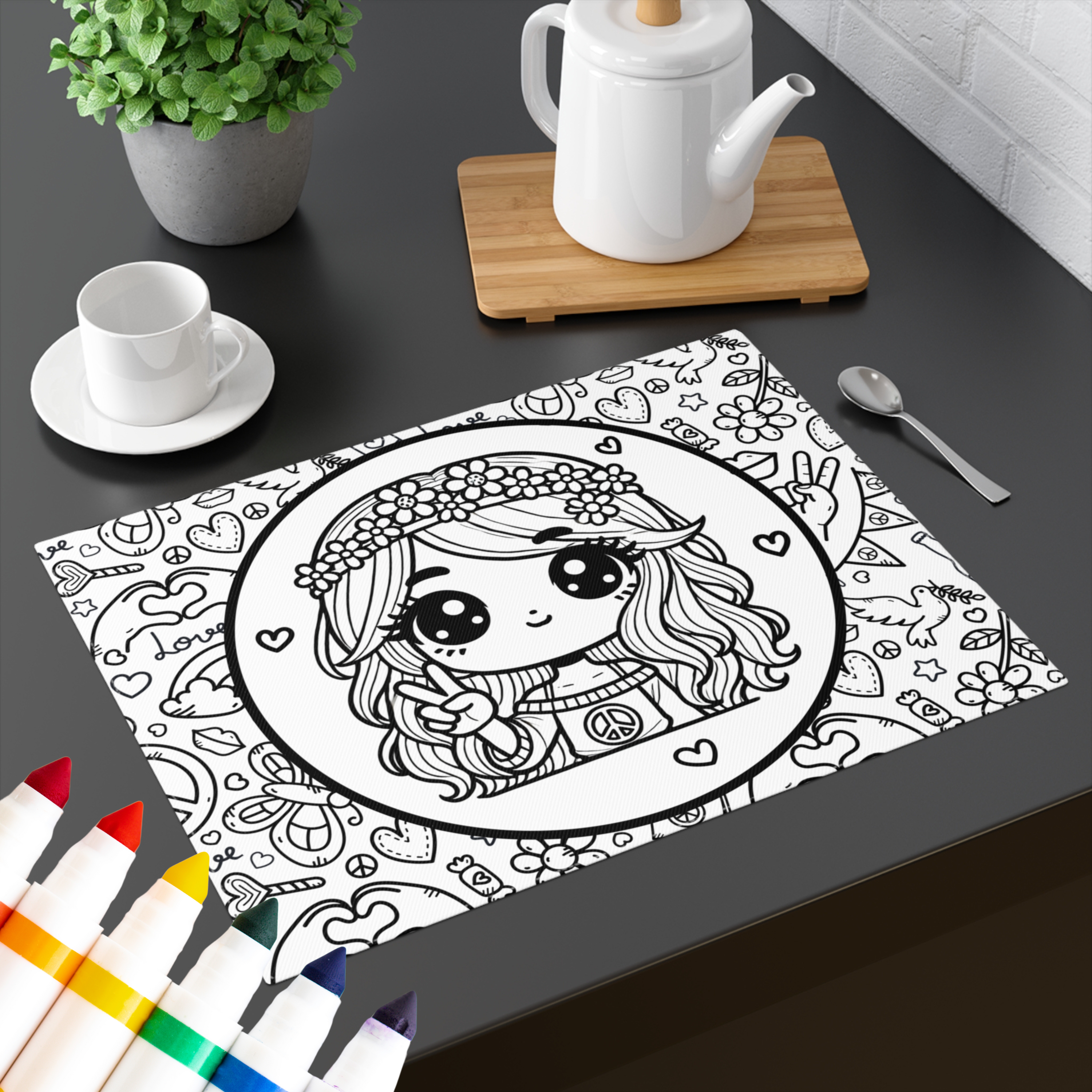 Colorable™ Express Yourself Hippie Girl Coloring Doodle DIY Placemat