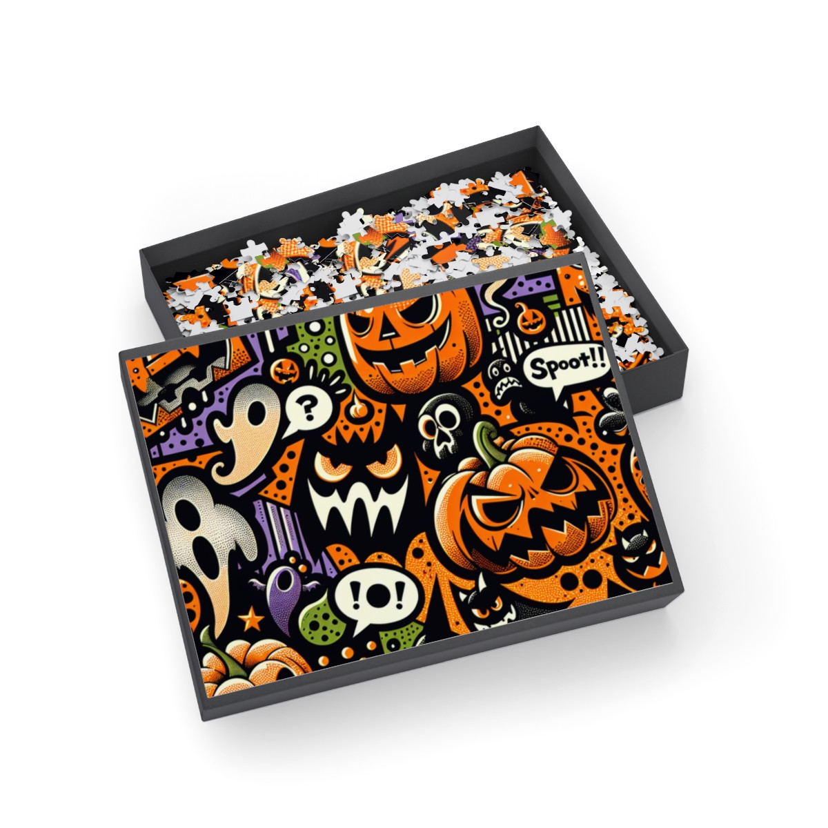 Puzzle | Spooky Pop Art Halloween Pattern | Bold Cartoon Design with Playful Ghosts, Pumpkins & Bats  | Puzzle Board Game