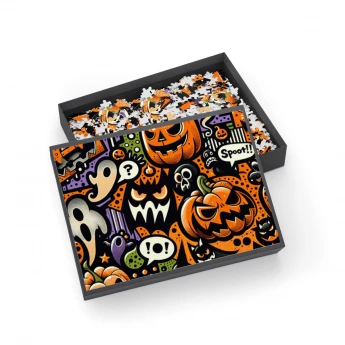 Puzzle | Spooky Pop Art Halloween Pattern | Bold Cartoon Design with Playful Ghosts, Pumpkins & Bats  | Puzzle Board Game