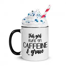 "Caffeine & Grace" Mug with Color Inside, 11oz