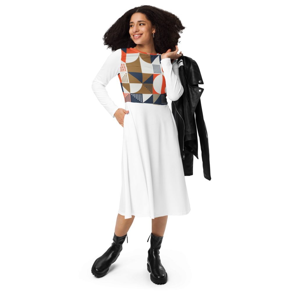 All-over print long sleeve midi dress