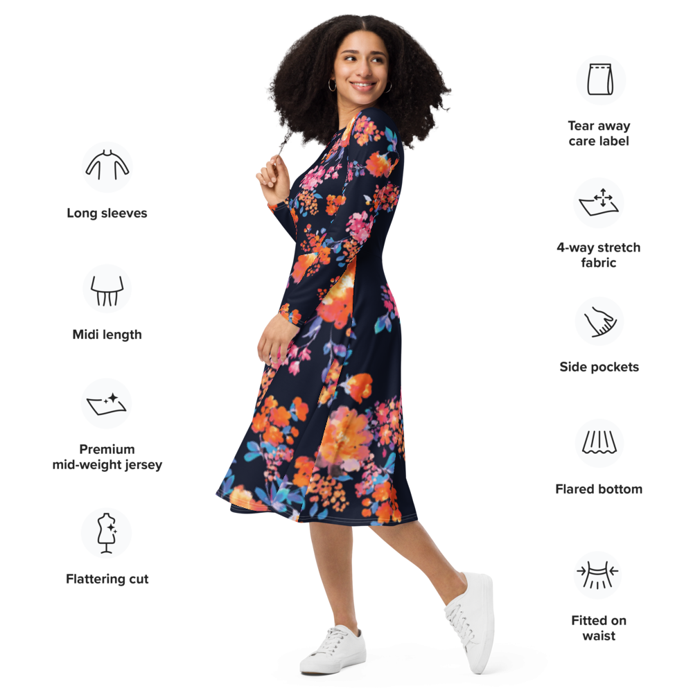 Flora -All Over Print Long Sleeve midi Dress
