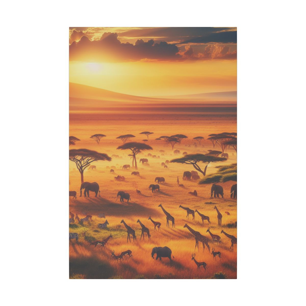 Serengeti Sunset: Wildlife Roaming Amidst Golden Hues & Acacia Trees Canvas - Canvas