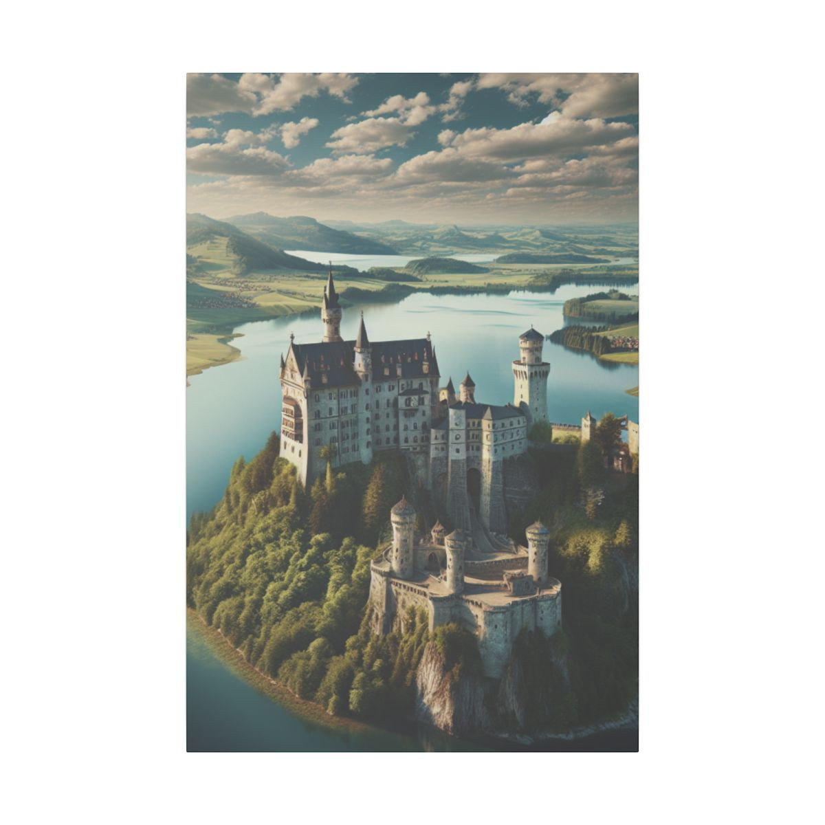 "Majestic Cliffside Castle: An Enchanting Vision of Medieval Artistry and Serene Beauty" - Canvas