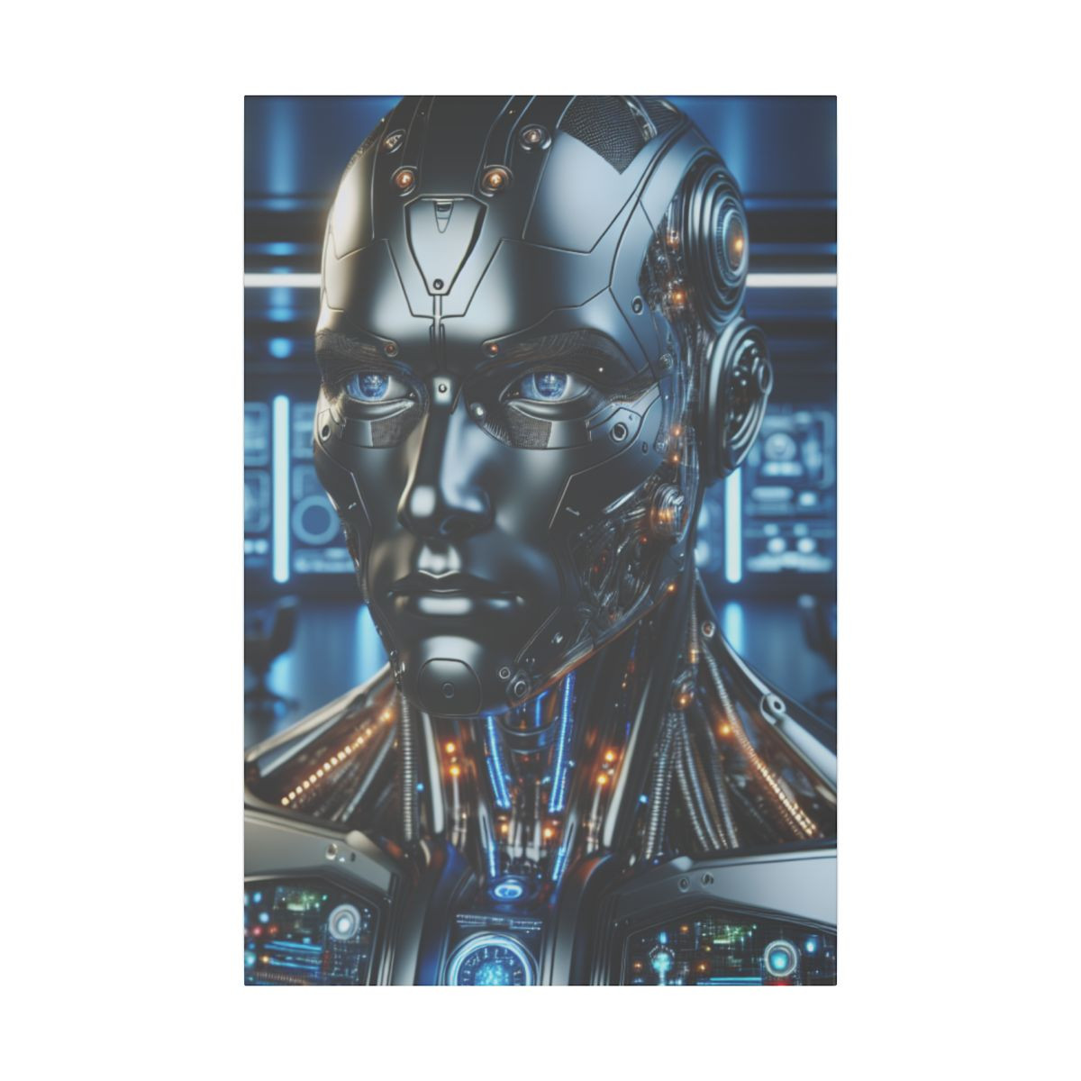 "Intense Cyborg Portrait: High-Tech Lab and Futuristic Enhancements on HD Canvas" - Canvas