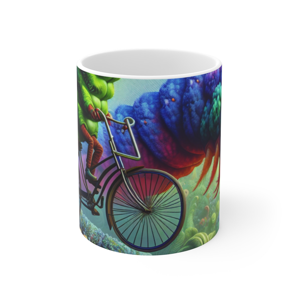 Whimsical Ride: Vibrant Caterpillar on Bicycle - Detailed and Fun Overhead View Mug - Mugs