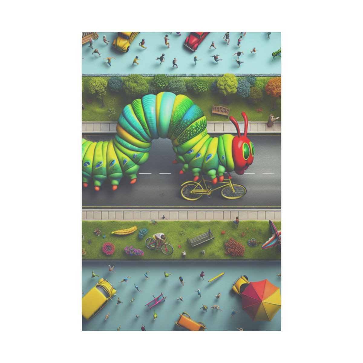 Fantasy Ride: Whimsical Caterpillar on Bicycle Overhead-View Canvas Art - Canvas