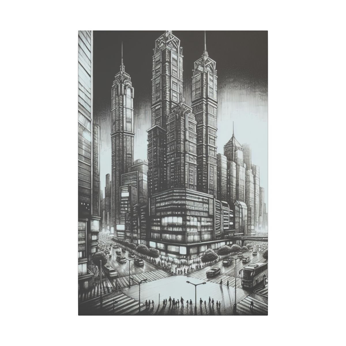 Urban Symphony: Pen & Ink Cityscape Alive with Diversity and Architectural Brilliance - Canvas